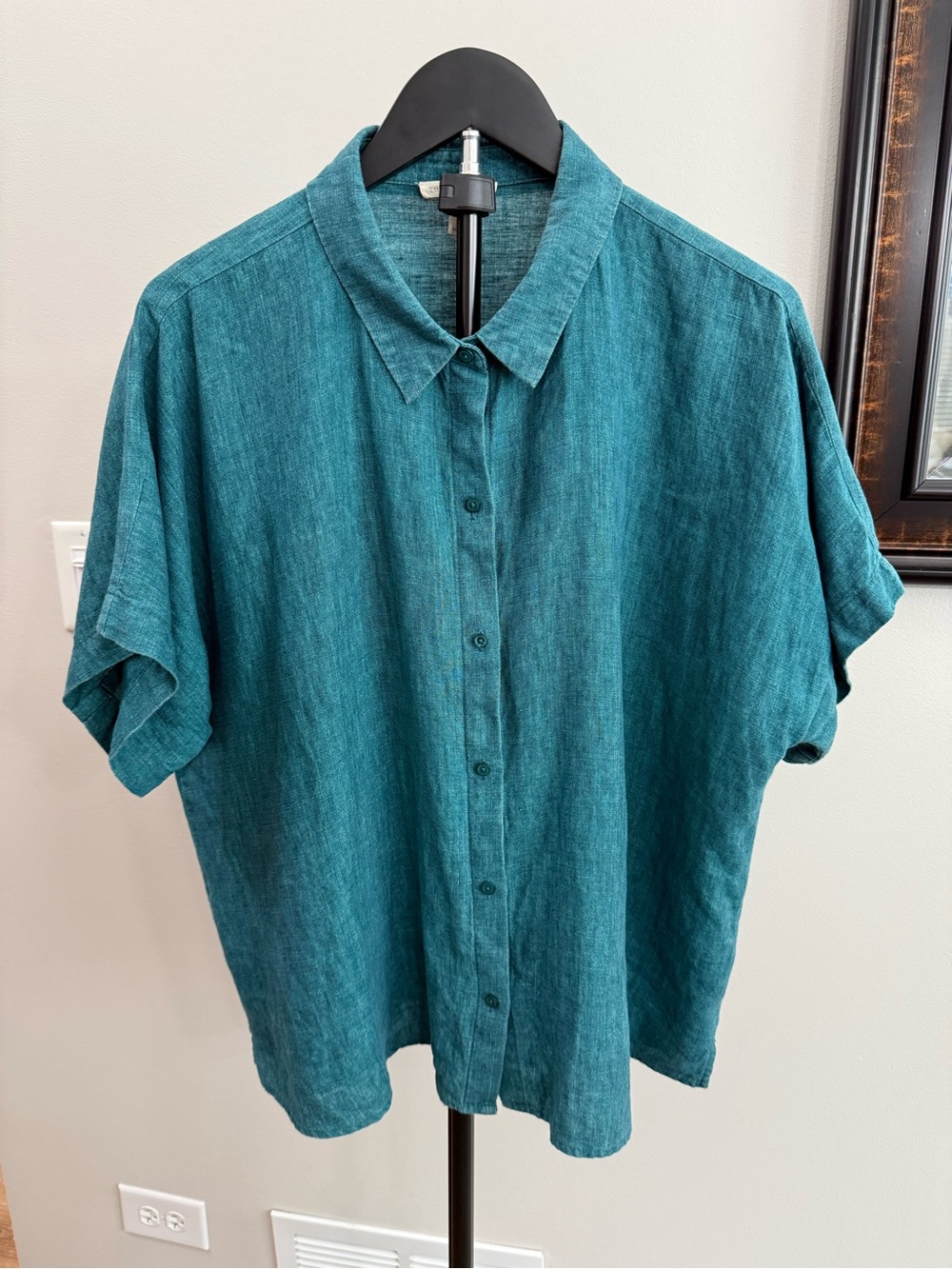 Eileen Fisher Teal Button-Front Short-Sleeve Linen Shirt